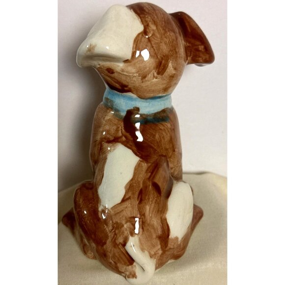 Vintage Ceramic Puppy Dog Figurine Glazed Brown White Ear Blue Eyes - Picture 4 of 6
